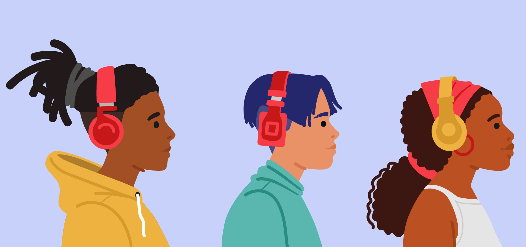 An illustration of people wearing headphones
