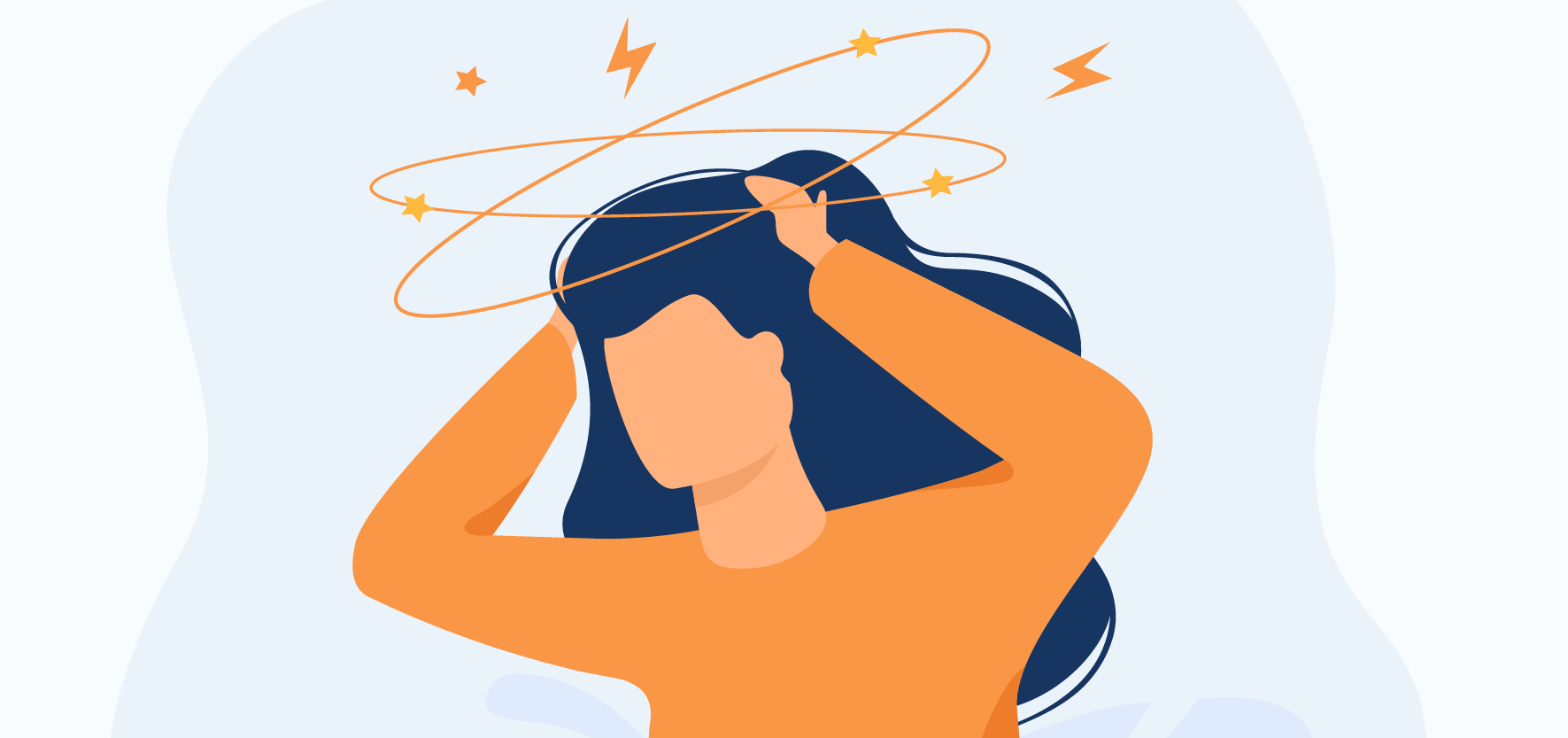 An illustration of a person holding their head as stars and lightning bolts swirl around them, signifying disorientation or head noise